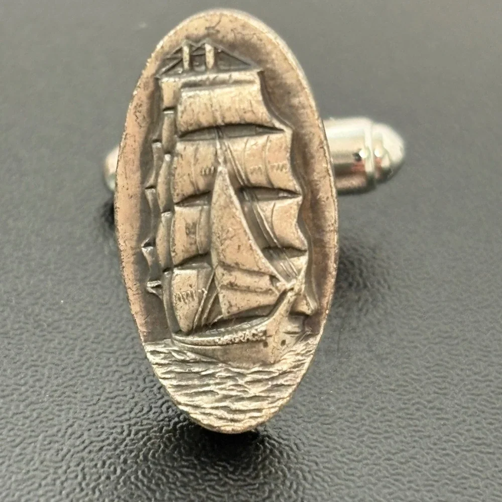 Anson Mens Cufflinks OS Silver Grace Line Sailing Ship Vintage Nautical